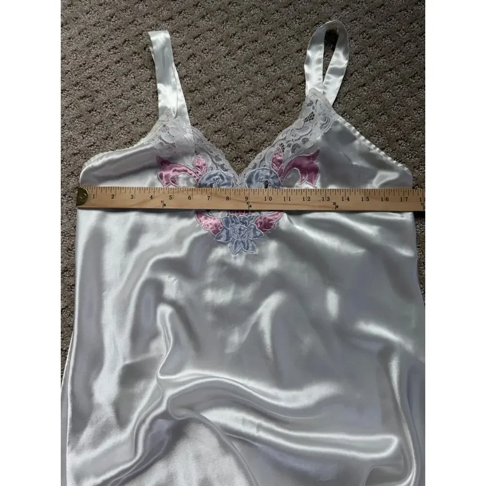 Vintage VAL MODE Long Satin Nightgown MED Floral Coquette 90s Lace